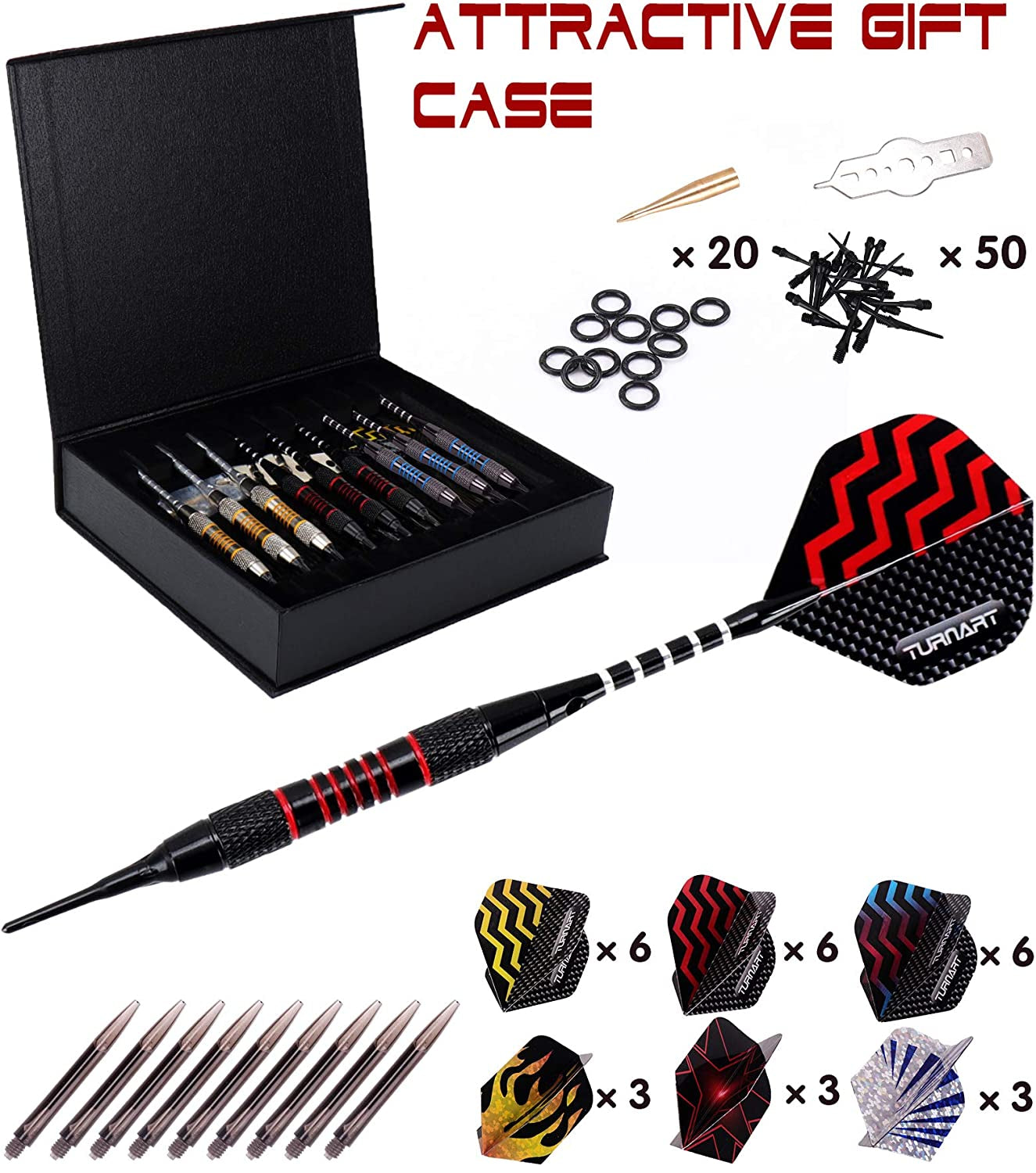 Darts Plastic Tip - Professional Soft Tip Darts Set for Electronic Dartboard 9 Pcs 18 Grams with 50 Extra Tips 9 Shafts 27 Flights Tool Kit Flight Protectors and Gift Darts Case