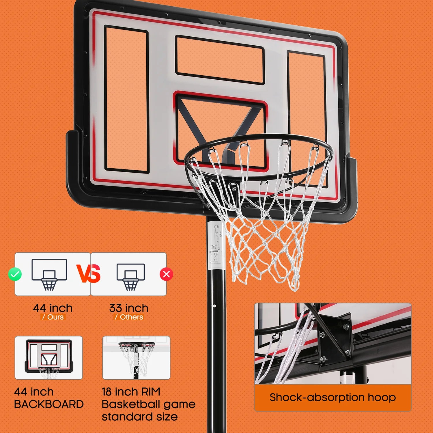 44In Portable Basketball Hoop with Height Adjustable 6.56Ft to 10Ft Basketball Goals for Youth Kids Indoor Outdoor(With Free Basketabll)