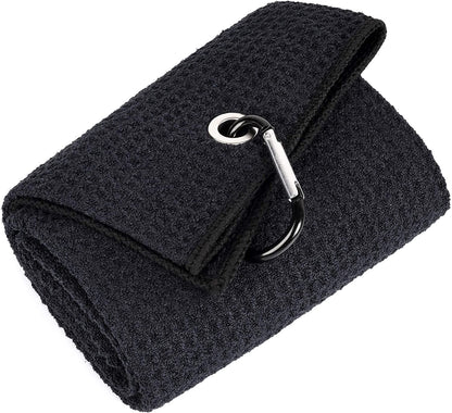 Tri-Fold Golf Towel | Premium Microfiber Fabric | Waffle Pattern | with Heavy Duty Carabiner Clip | Golf Towel for Men and Women (Black Golf Towel)