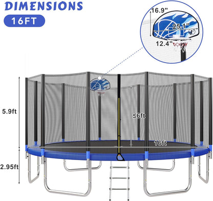 Trampoline 14FT 16FT Trampoline for Kids and Adults with Basketball Hoop, Enclosure Net & Ladder 1500LBS ASTM Approved Outdoor Recreational Trampolines