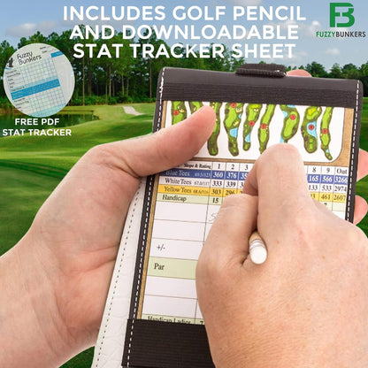 Quality Leather Golf Scorecard Holder - Yardage Book Cover - Golf Yardage Book - Golf Scorecard Book -Free Pencil and Stat Tracker Sheet