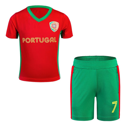 Youth Unisex Portugal Soccer Jersey Ronaldo Short Sleeve No.7 Uniform 2 Piece Sets (14Y)