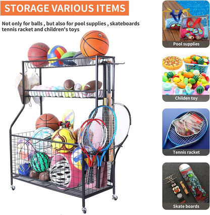 Sports Equipment Organizer, Ball Storage Rack, Garage Ball Storage, Sports Gear Storage, Rolling Sports Ball Storage Cart