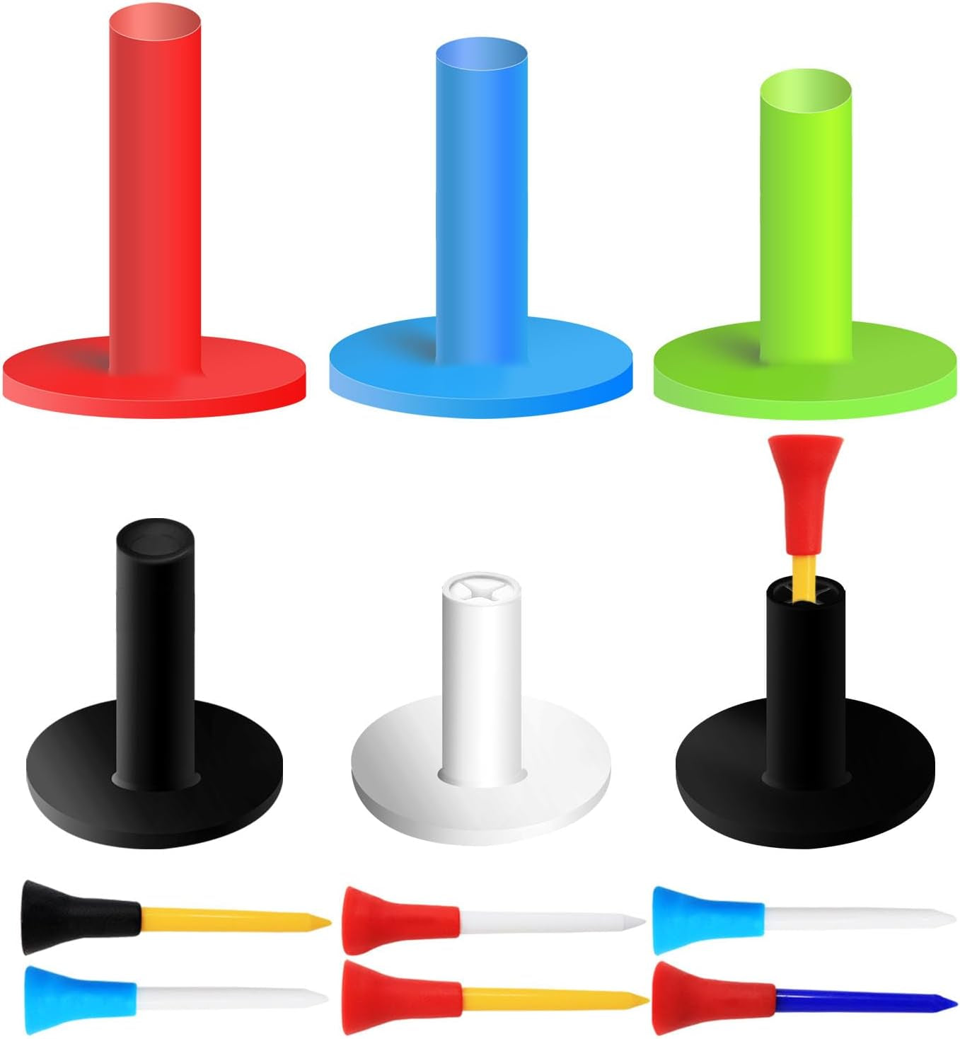 Golf Tees Driving Range Tee Rubber Tees for Golf Mats Value 6 Rubber Tees and 6 Driver Tees 2 3/4 Inch Easy to Find Mixed Size 3.13" 3" 2.75" 2.25" 1.5"