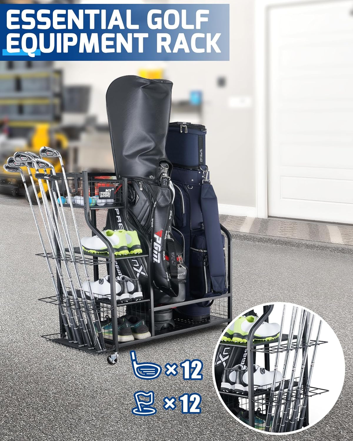 Golf Storage Garage Organizer, Golf Bag Storage Stand and Other Golfing Equipment Rack, Extra Storage Rack for Golf Clubs