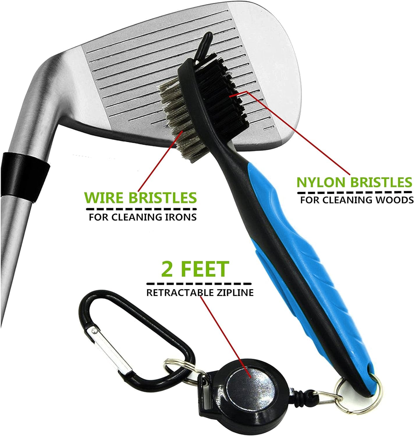 ® Golf Club Brush and Club Groove Cleaner 2 Ft Retractable Zip-Line Aluminum Carabiner, Lightweight and Stylish, Ergonomic Design, Easily Attaches to Golf Bag