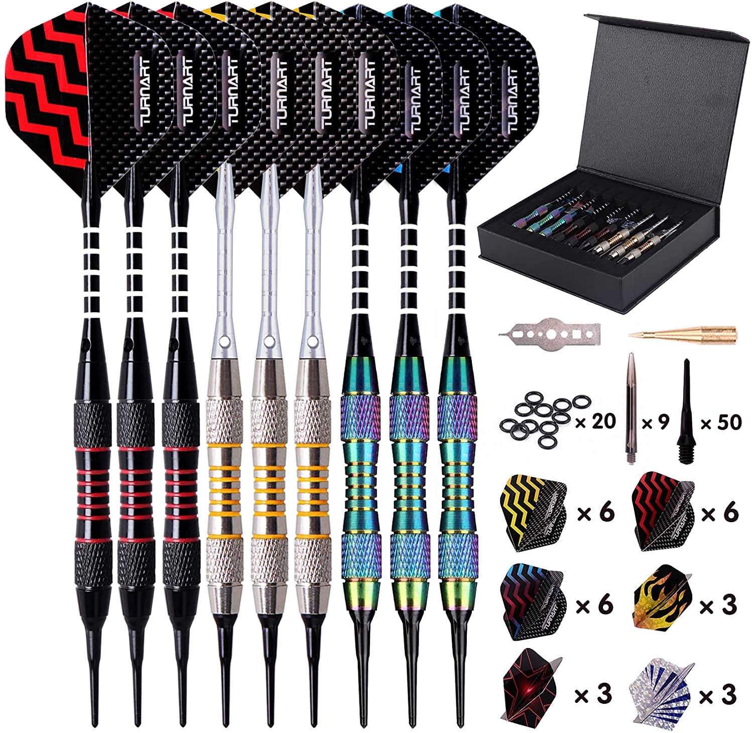 Darts Plastic Tip - Professional Soft Tip Darts Set for Electronic Dartboard 9 Pcs 18 Grams with 50 Extra Tips 9 Shafts 27 Flights Tool Kit Flight Protectors and Gift Darts Case