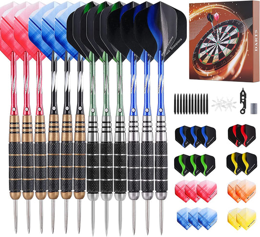 Steel Tip Darts Set, 12 Pack 24 Grams Professional Metal Dart Set with 20 Flights(4 Style) + 12 Aluminium Shaft