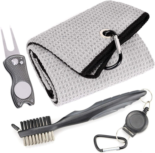 Microfiber Waffle Pattern Golf Towel | Club Groove Cleaner Brush | Foldable Divot Tool with Magnetic Ball Marker (Gray Towel/Brush/Fish Divot)