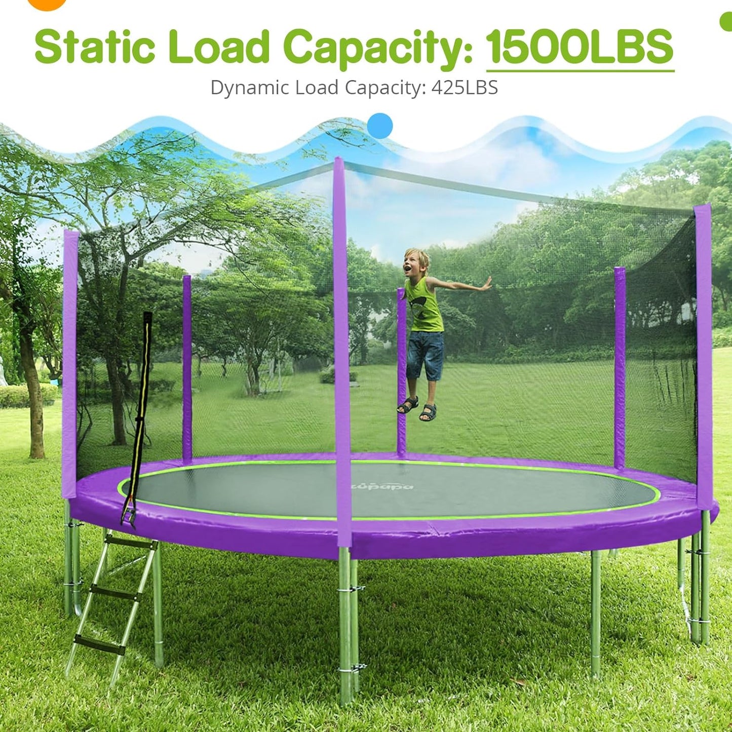 Trampolines No-Gap Design 1500 LBS Weight Capacity 16 15 14 12 10FT for Kids Children with Safety Enclosure Net Outdoor Backyards Large Recreational Trampoline